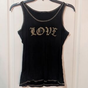 Gadzooks Y2K 2000's Vintage Black Gold Embellished Ribbed Love Tank Top Retro M